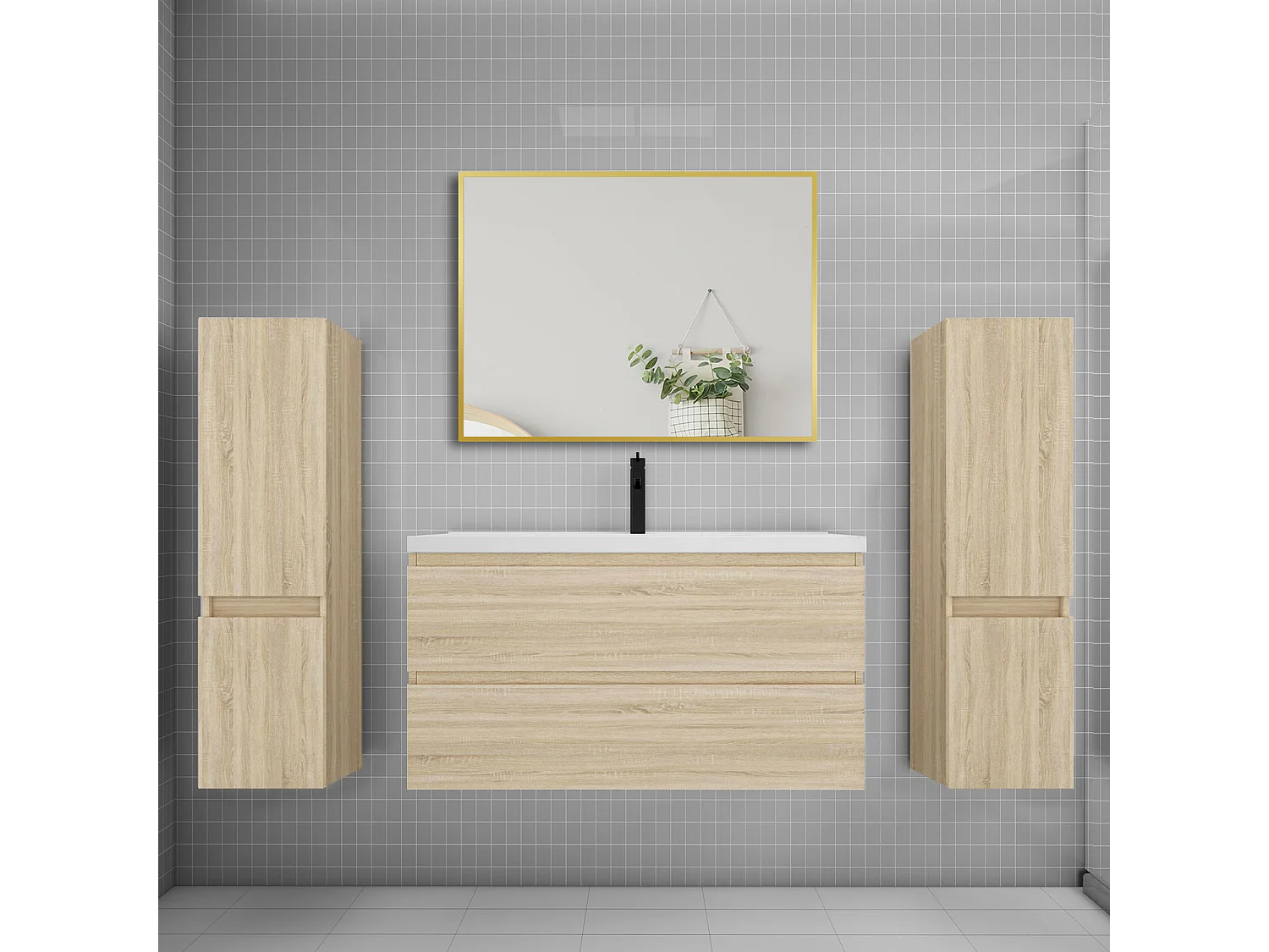 Ensemble meuble de salle de bains 100cm vasque + colonne + miroir,chêne