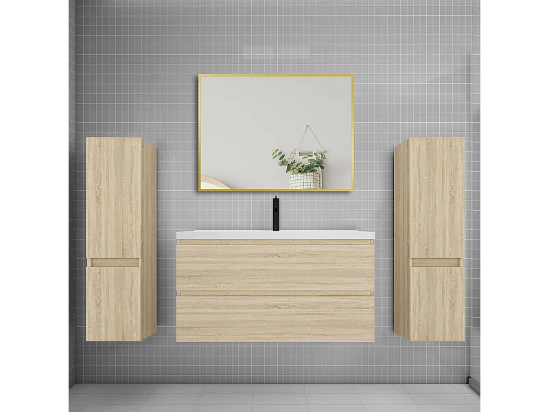 Ensemble meuble de salle de bains 100cm vasque + colonne + miroir,chêne