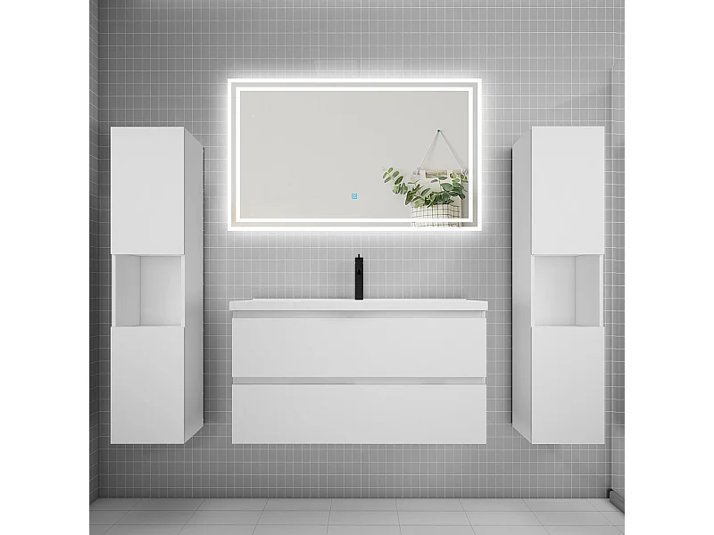 Ensemble meuble de salle de bains 100cm, simple vasque + colonne + LED miroir mural,blanc