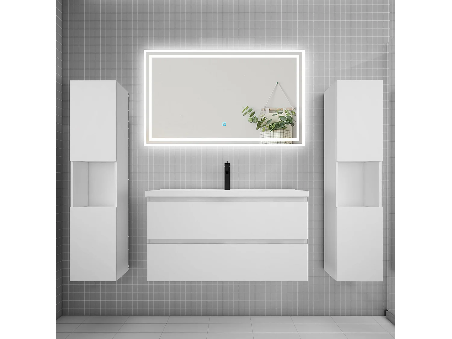 Ensemble meuble de salle de bains 100cm, simple vasque + colonne + LED miroir mural,blanc