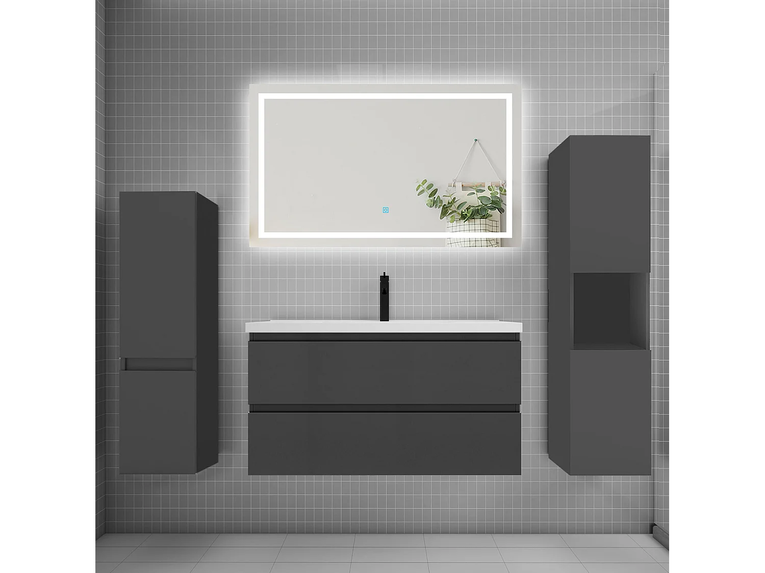 Ensemble meuble de salle de bains 100cm, vasque et colonne et LED miroir,anthracite
