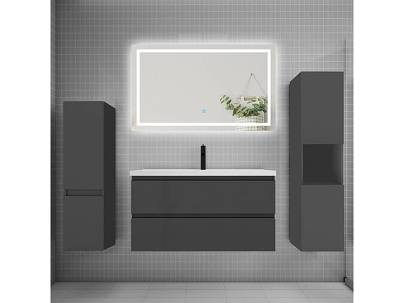 Ensemble meuble de salle de bains 100cm, vasque et colonne et LED miroir,anthracite