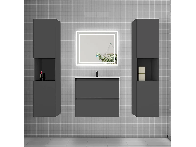 Ensemble meuble de salle de bains 60cm, vasque + colonne + LED miroir mural,anthracite