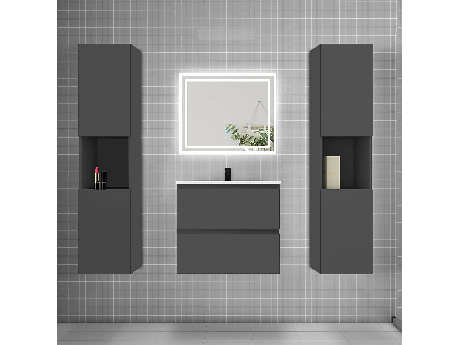 Ensemble meuble de salle de bains 60cm, vasque + colonne + LED miroir mural,anthracite