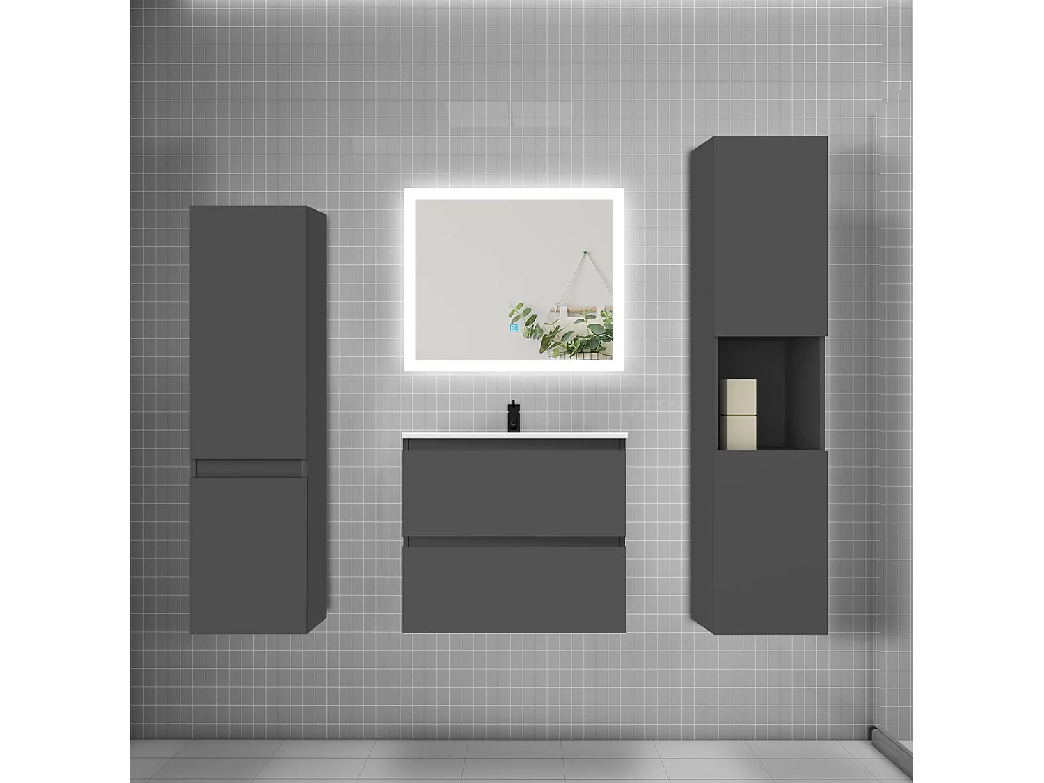 Ensemble meuble de salle de bains 60cm, vasque et colonne et LED miroir rectangulaire,anthracite