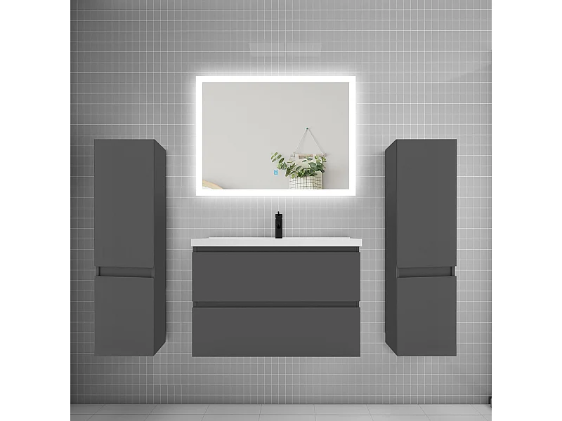 Ensemble meuble de salle de bains 80cm, simple vasque + colonne + miroir rectangulaire,anthracite