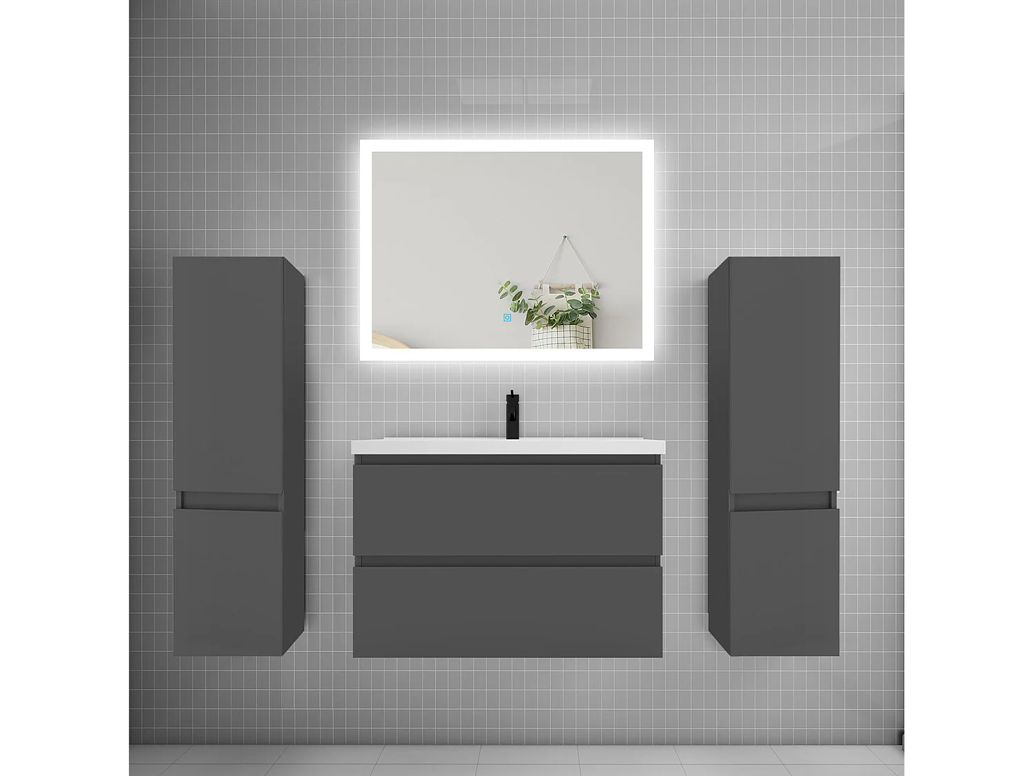 Ensemble meuble de salle de bains 80cm, simple vasque + colonne + miroir rectangulaire,anthracite
