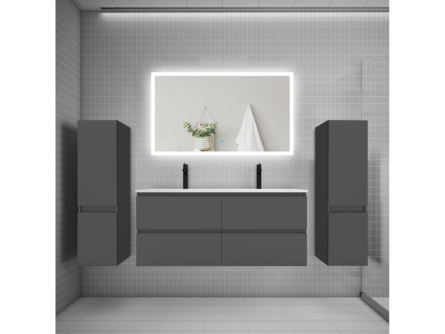 Ensemble meuble de salle de bains 120cm, double vasque + colonne + miroir rectangulaire,anthracite