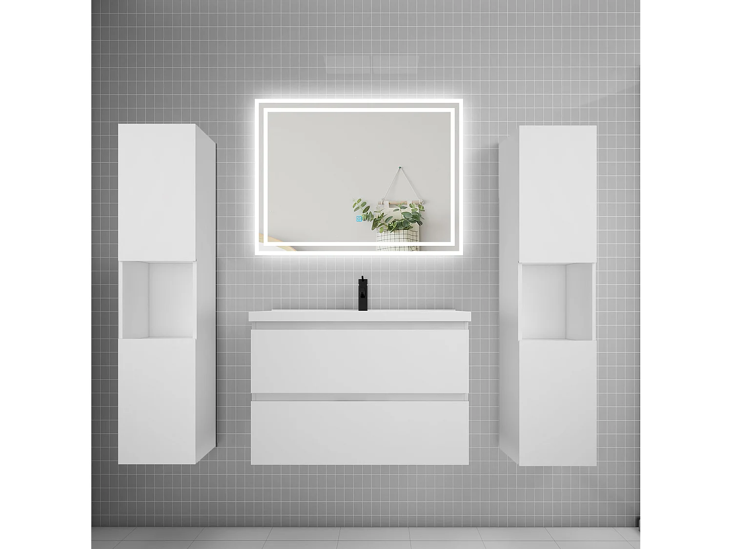 Ensemble meuble de salle de bains 80cm, simple vasque + colonne + LED miroir mural,blanc