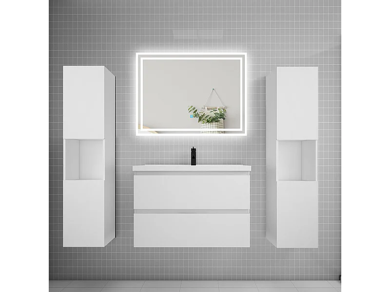 Ensemble meuble de salle de bains 80cm, simple vasque + colonne + LED miroir mural,blanc