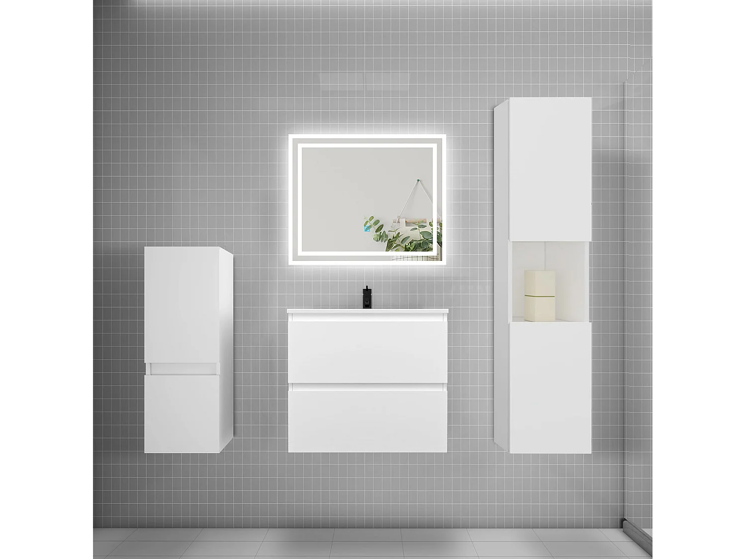 Ensemble meuble de salle de bain 60cm, vasque + colonne + LED miroir,blanc