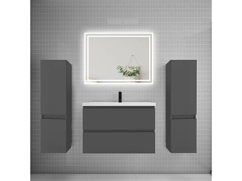 Ensemble meuble de salle de bains 80cm, simple vasque + colonne + LED miroir,anthracite