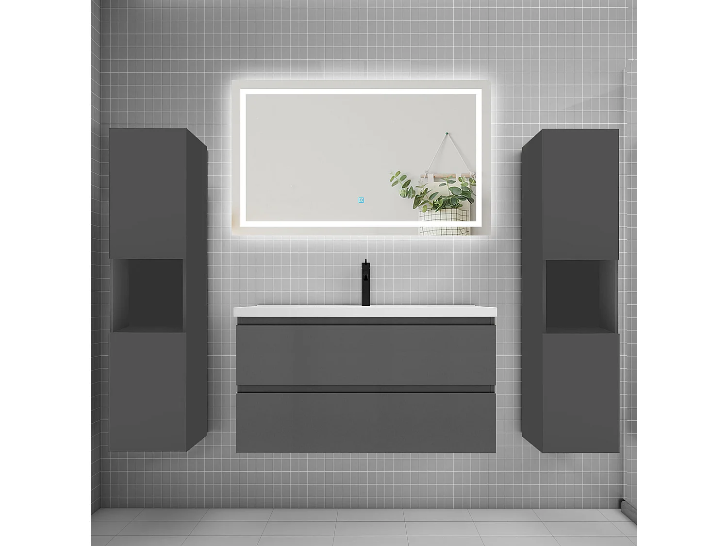 Ensemble meuble de salle de bains 100cm, vasque + colonne + LED miroir mural,anthracite
