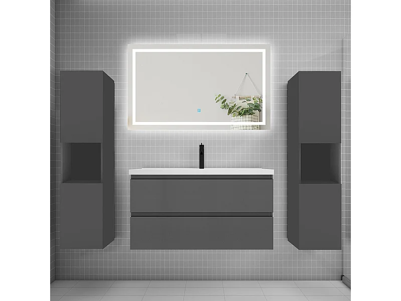 Ensemble meuble de salle de bains 100cm, vasque + colonne + LED miroir mural,anthracite