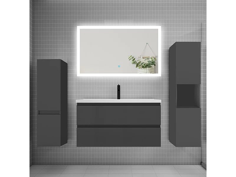 Ensemble meuble de salle de bains 100cm, simple vasque et colonne et LED miroir rectangulaire,anthracite