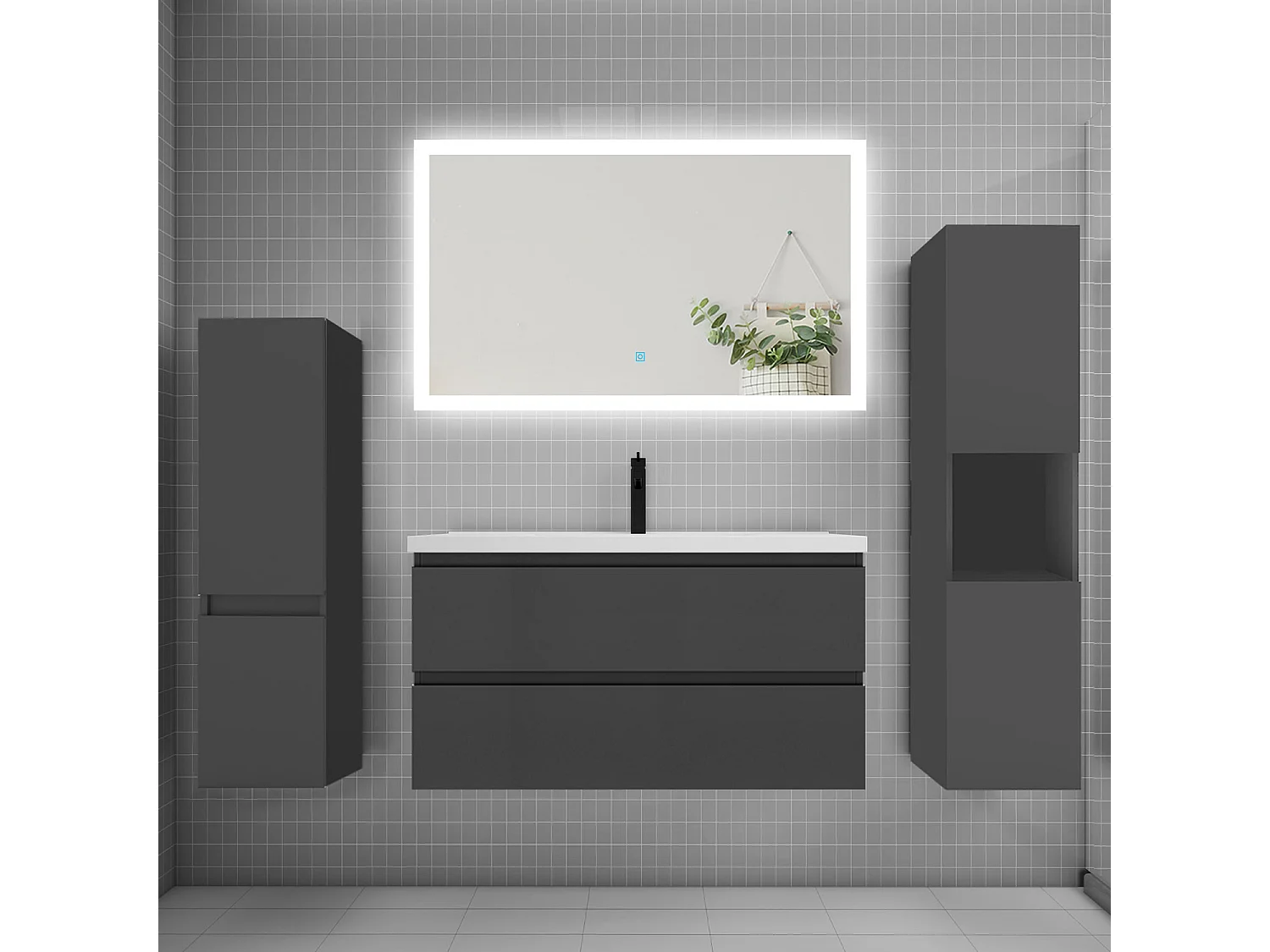 Ensemble meuble de salle de bains 100cm, simple vasque et colonne et LED miroir rectangulaire,anthracite