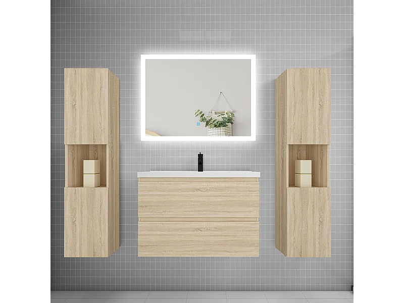 Ensemble meuble de salle de bains 80cm, simple vasque + colonne + LED miroir rectangulaire,chêne