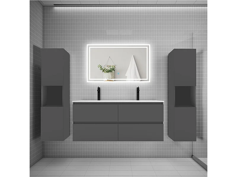 Ensemble meuble de salle de bains 120cm, double vasque + colonne + LED miroir mural,anthracite
