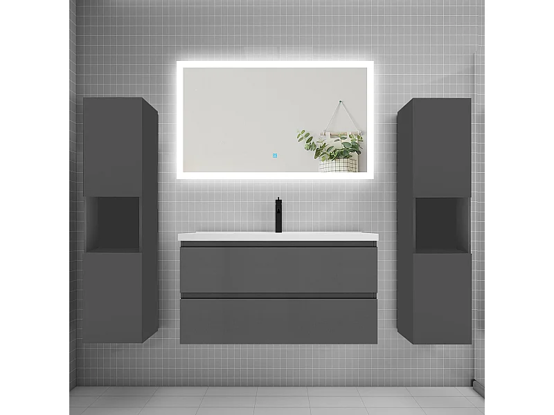 Ensemble meuble de salle de bains 100cm, simple vasque + colonne + LED miroir rectangulaire,anthracite