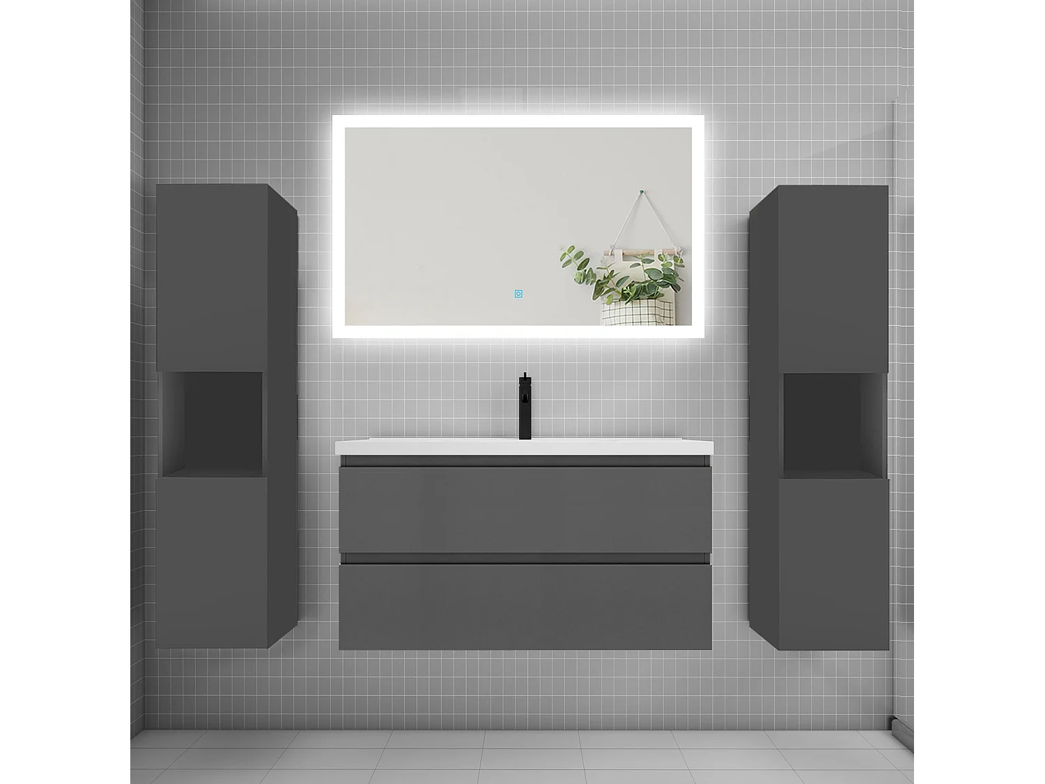 Ensemble meuble de salle de bains 100cm, simple vasque + colonne + LED miroir rectangulaire,anthracite