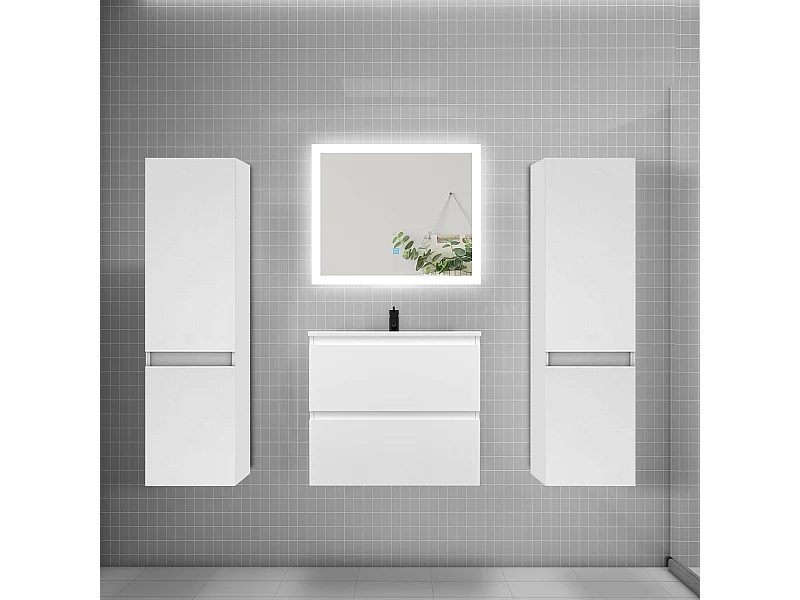 Ensemble meuble de salle de bains 60cm, vasque + colonne + miroir rectangulaire,blanc