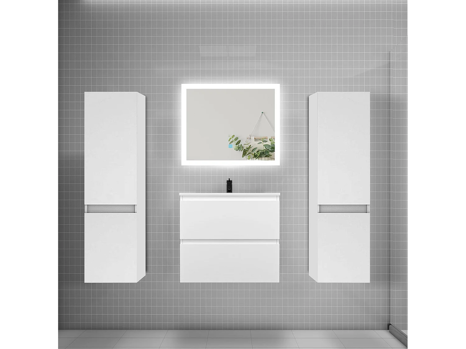 Ensemble meuble de salle de bains 60cm, vasque + colonne + miroir rectangulaire,blanc