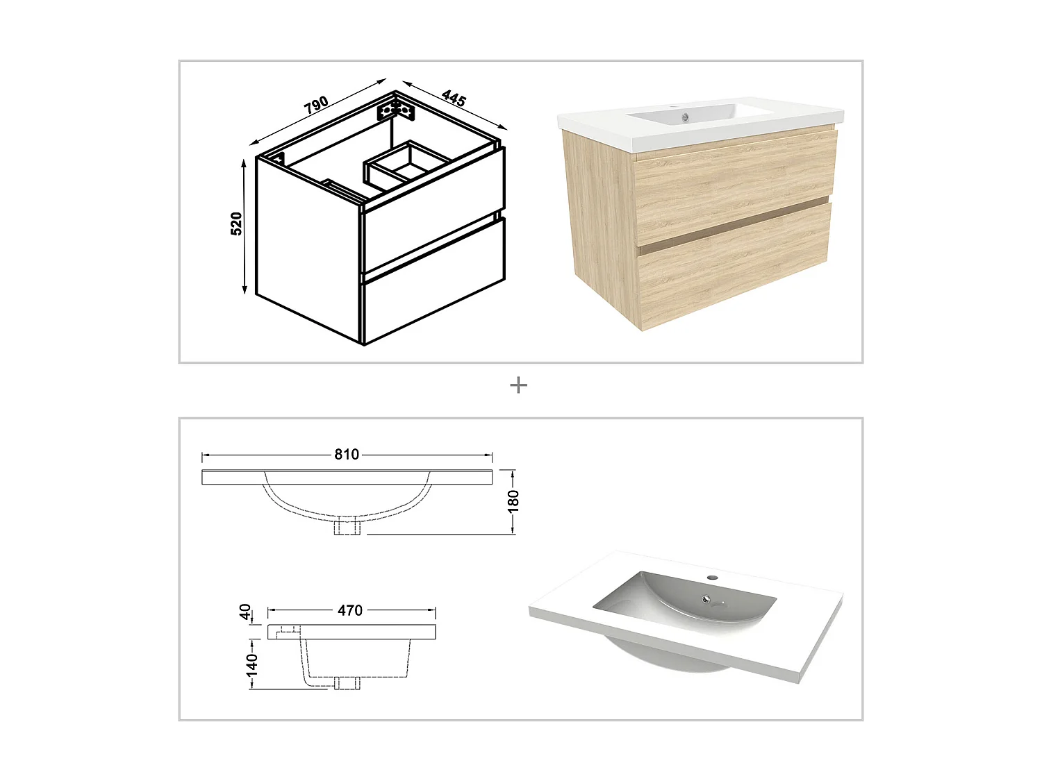 Ensemble meuble de salle de bain 80cm, simple vasque + colonne + LED miroir rectangulaire,chêne