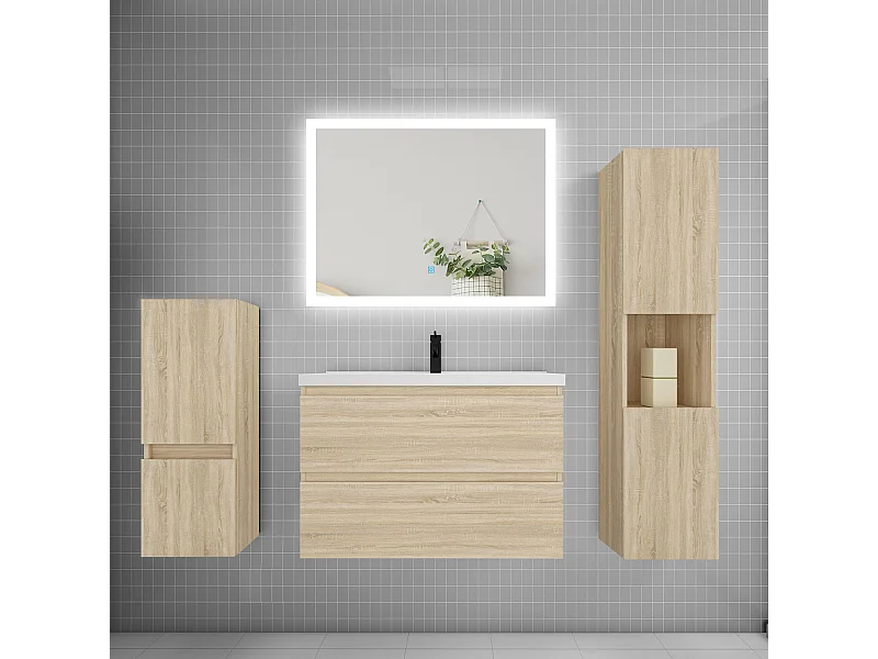 Ensemble meuble de salle de bain 80cm, simple vasque + colonne + LED miroir rectangulaire,chêne