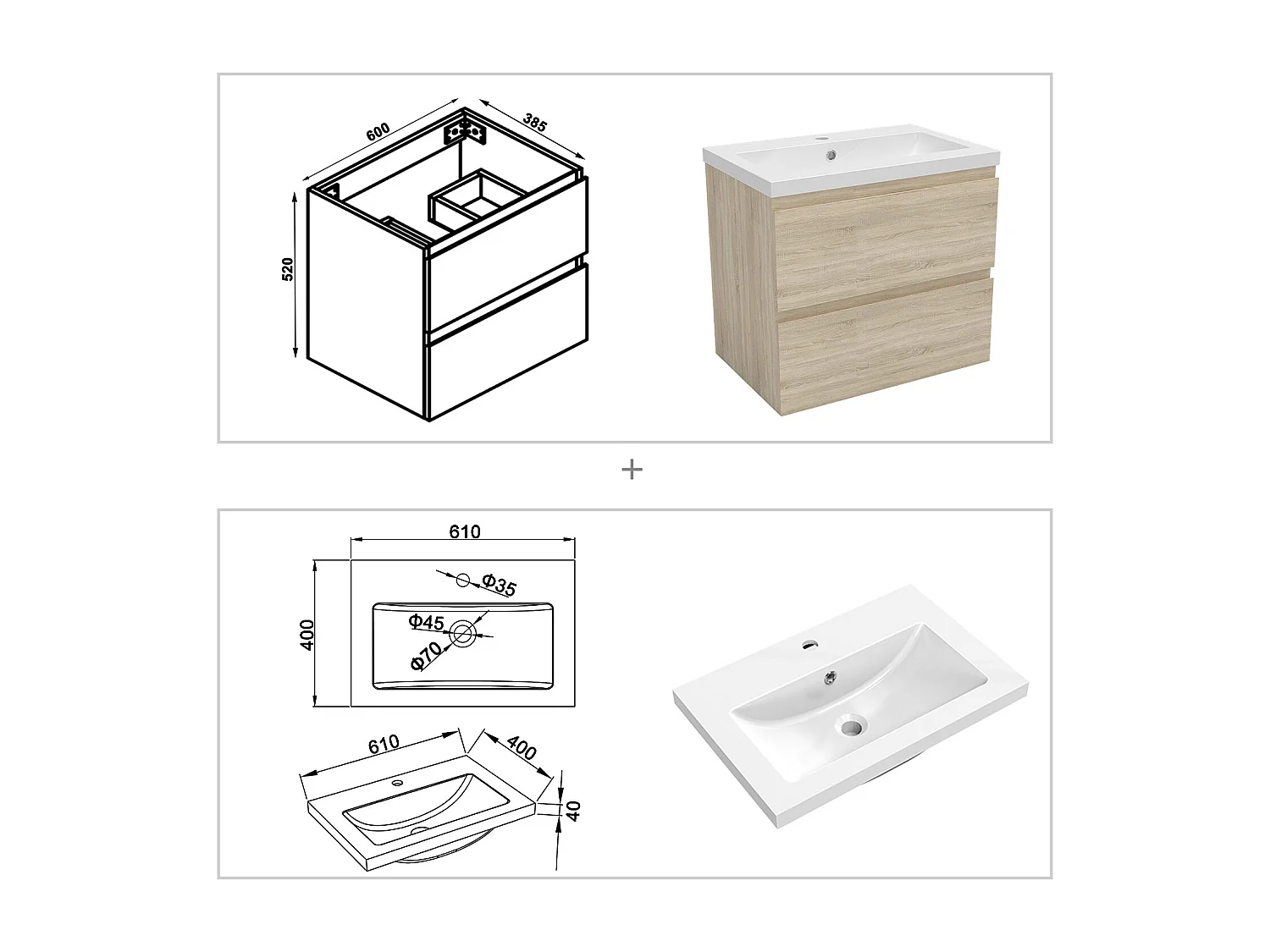 Ensemble meuble de salle de bains 60cm vasque + colonne + miroir,chêne