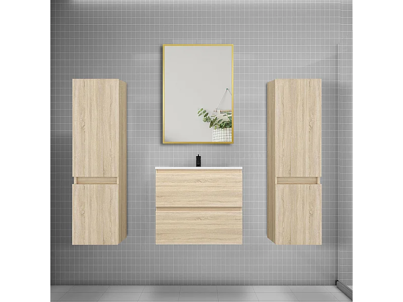 Ensemble meuble de salle de bains 60cm vasque + colonne + miroir,chêne