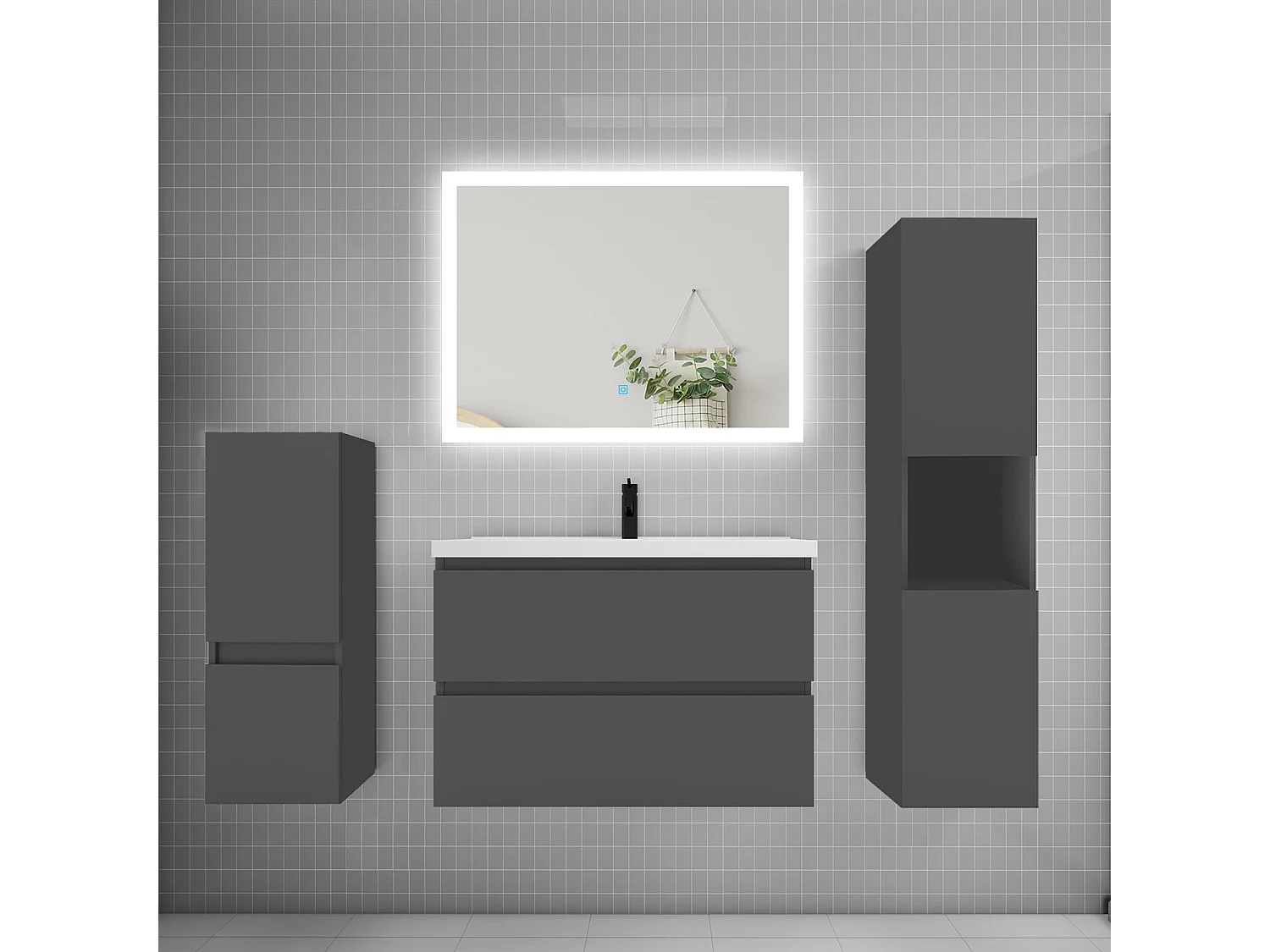 Ensemble meuble de salle de bain 80cm, simple vasque + colonne + LED miroir rectangulaire,anthracite