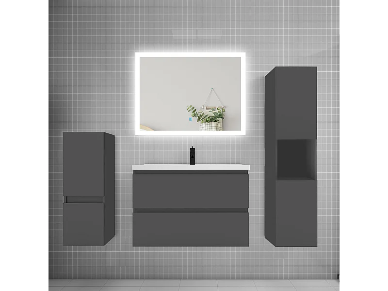 Ensemble meuble de salle de bain 80cm, simple vasque + colonne + LED miroir rectangulaire,anthracite
