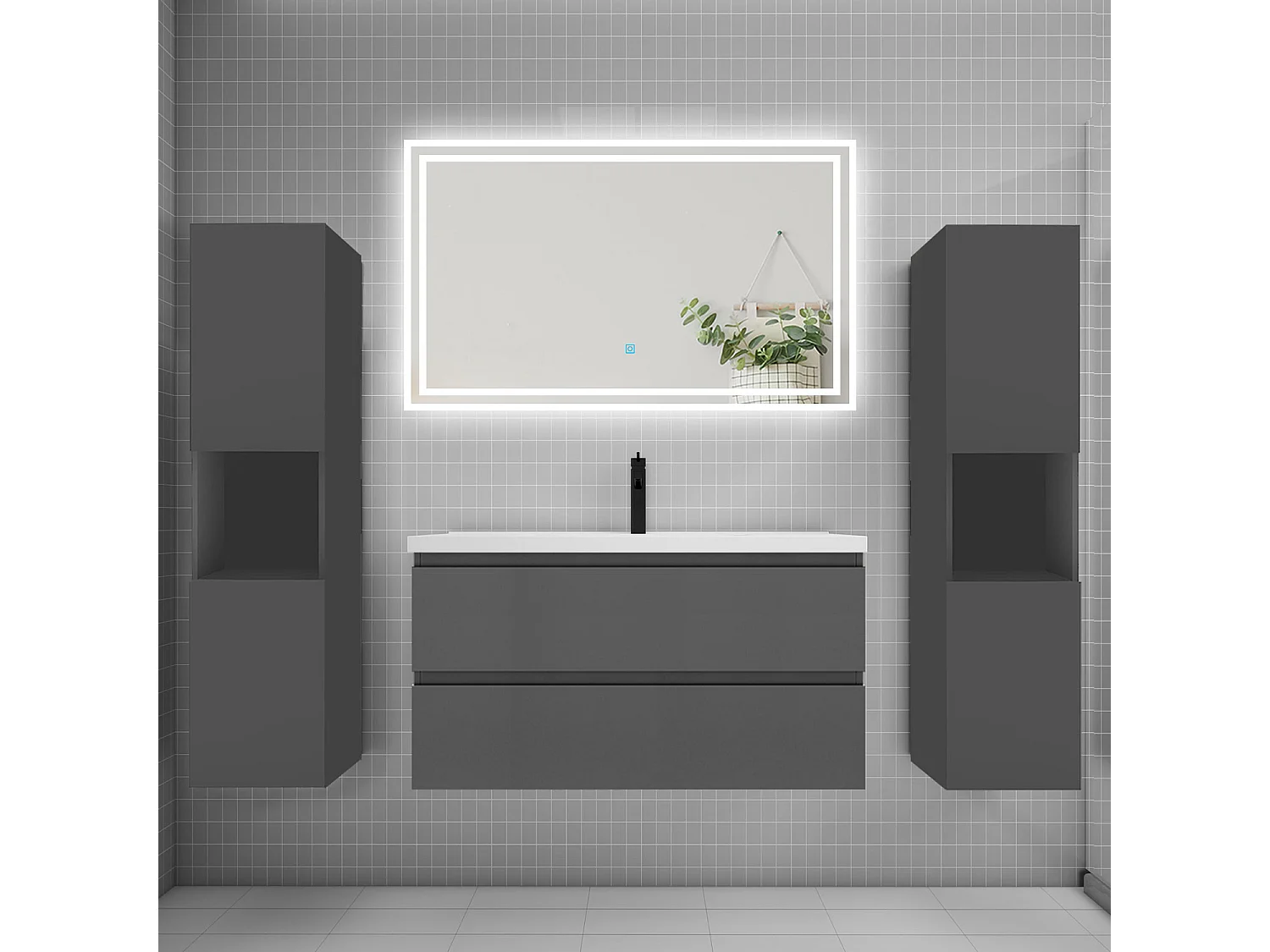Ensemble meuble de salle de bains 100cm, simple vasque + colonne + LED miroir mural,anthracite