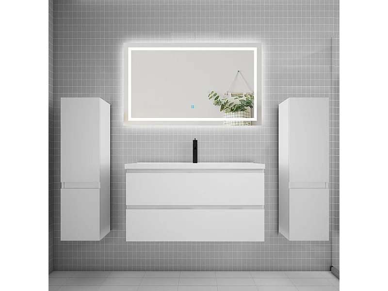 Ensemble meuble de salle de bains 100cm, vasque + colonne + LED miroir,blanc