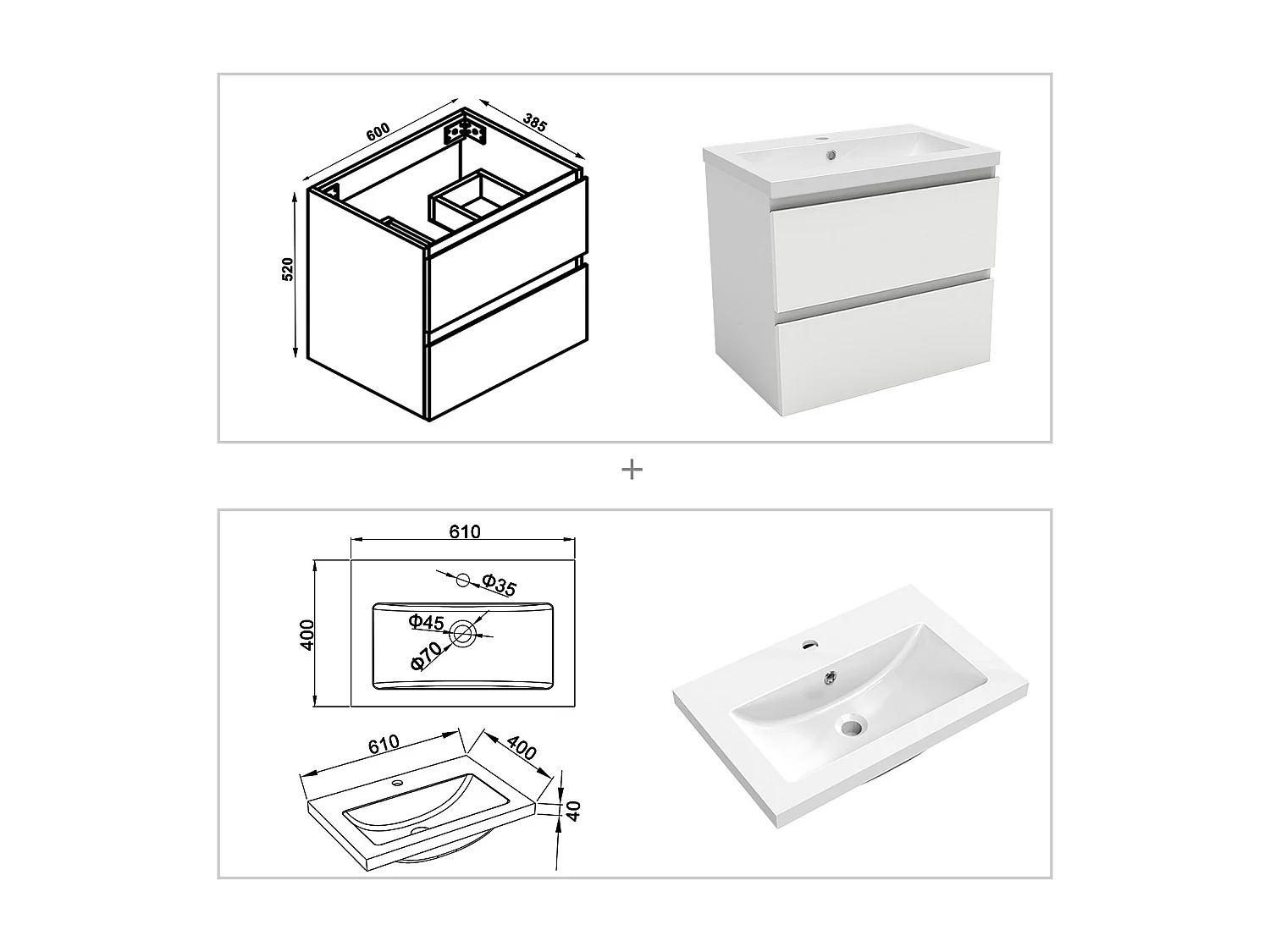 Ensemble meuble de salle de bains 60cm, vasque + colonne + LED miroir rectangulaire,blanc