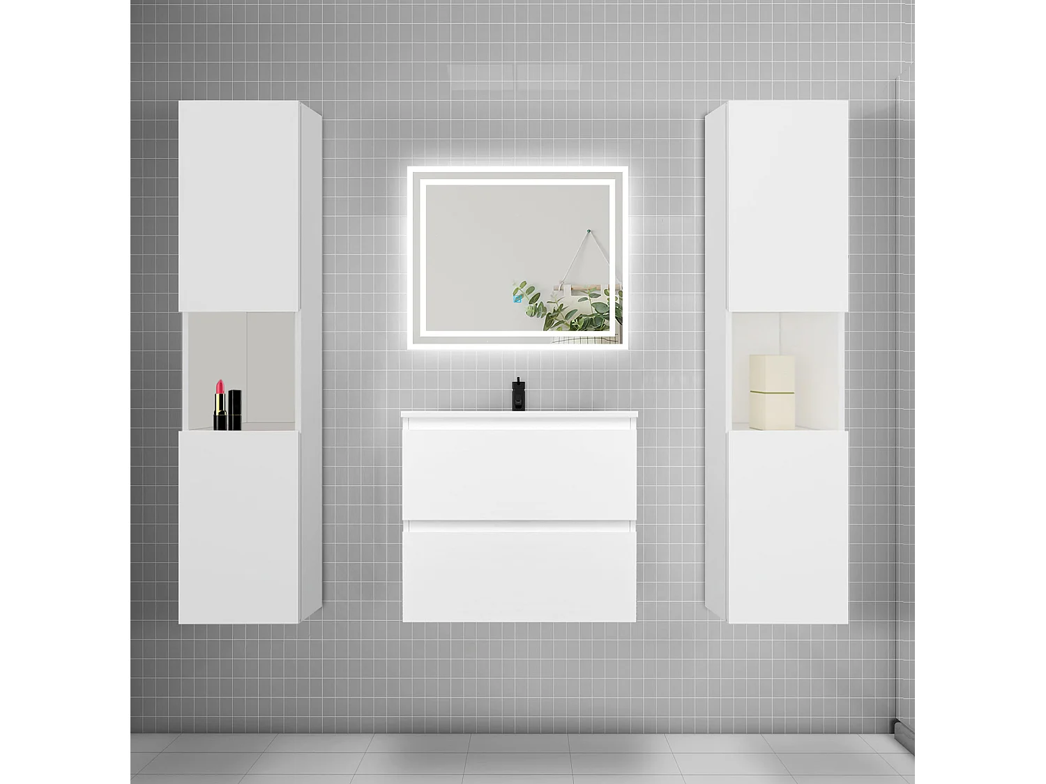 Ensemble meuble de salle de bains 60cm, vasque + colonne + LED miroir mural,blanc