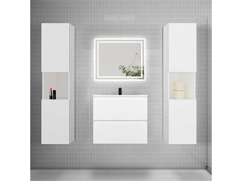 Ensemble meuble de salle de bains 60cm, vasque + colonne + LED miroir mural,blanc