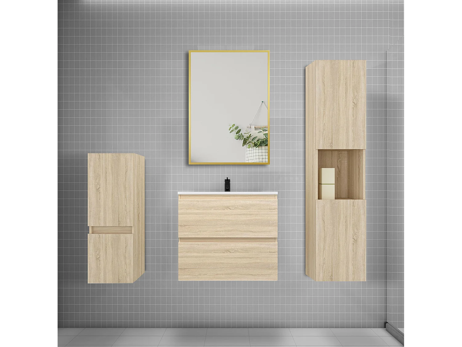Ensemble meuble de salle de bains 60cm vasque + colonne x2 + miroir,chêne