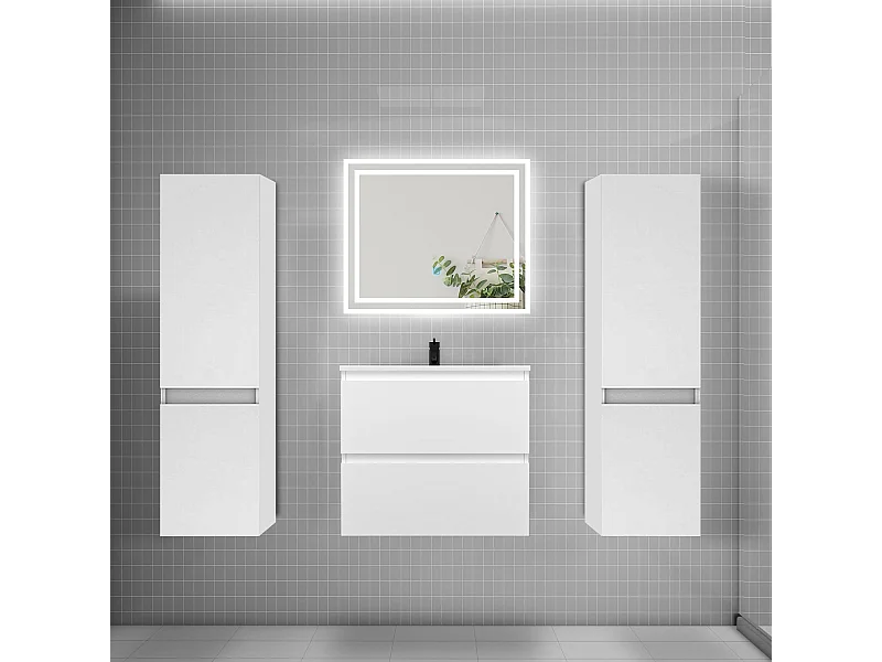 Ensemble meuble de salle de bains 60cm, vasque + colonne + LED miroir,blanc