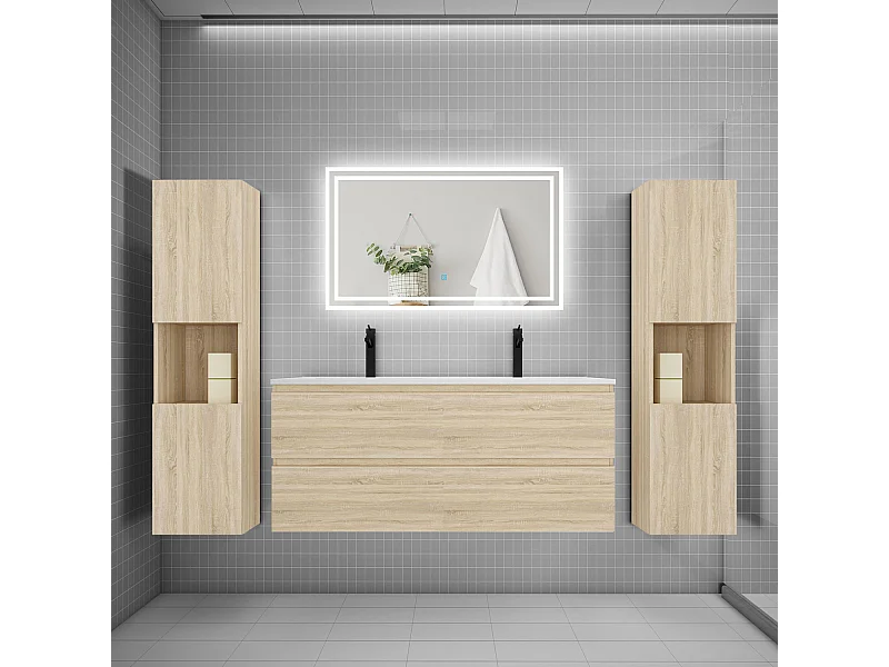 Ensemble meuble de salle de bains 120cm, double vasque + colonne + LED miroir mural,chêne