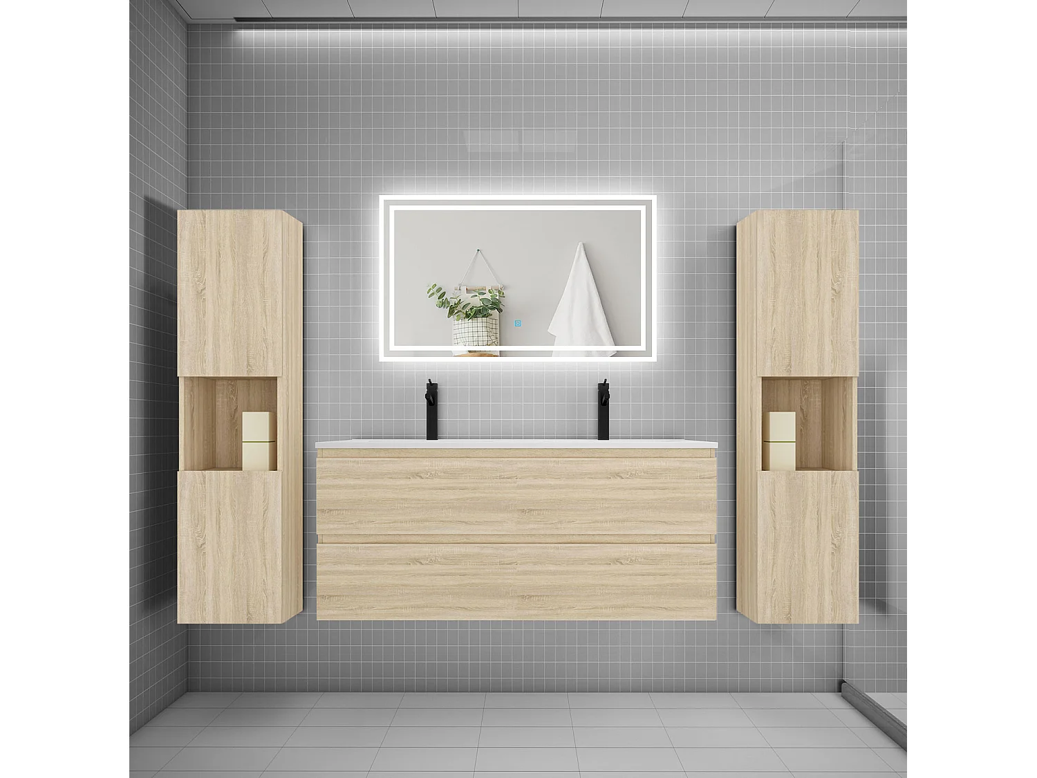 Ensemble meuble de salle de bains 120cm, double vasque + colonne + LED miroir mural,chêne