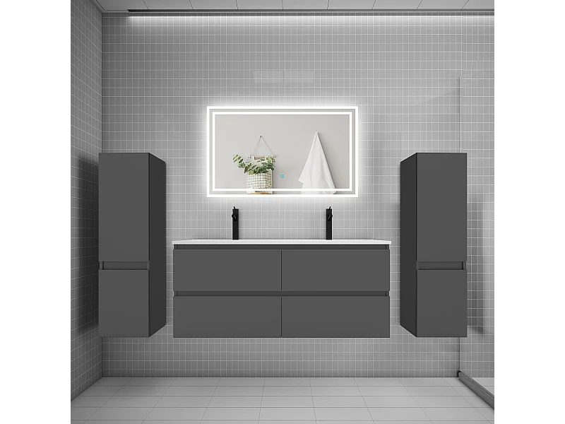 Ensemble meuble de salle de bains 120cm, double vasque + colonne + LED miroir,anthracite
