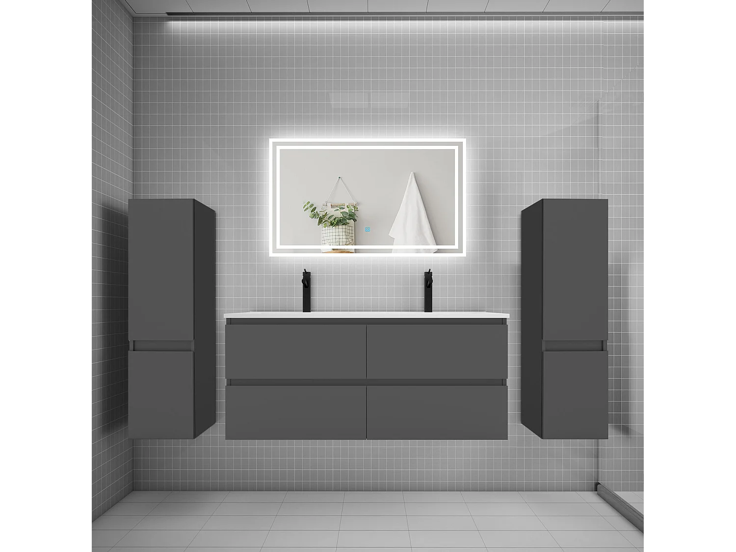Ensemble meuble de salle de bains 120cm, double vasque + colonne + LED miroir,anthracite