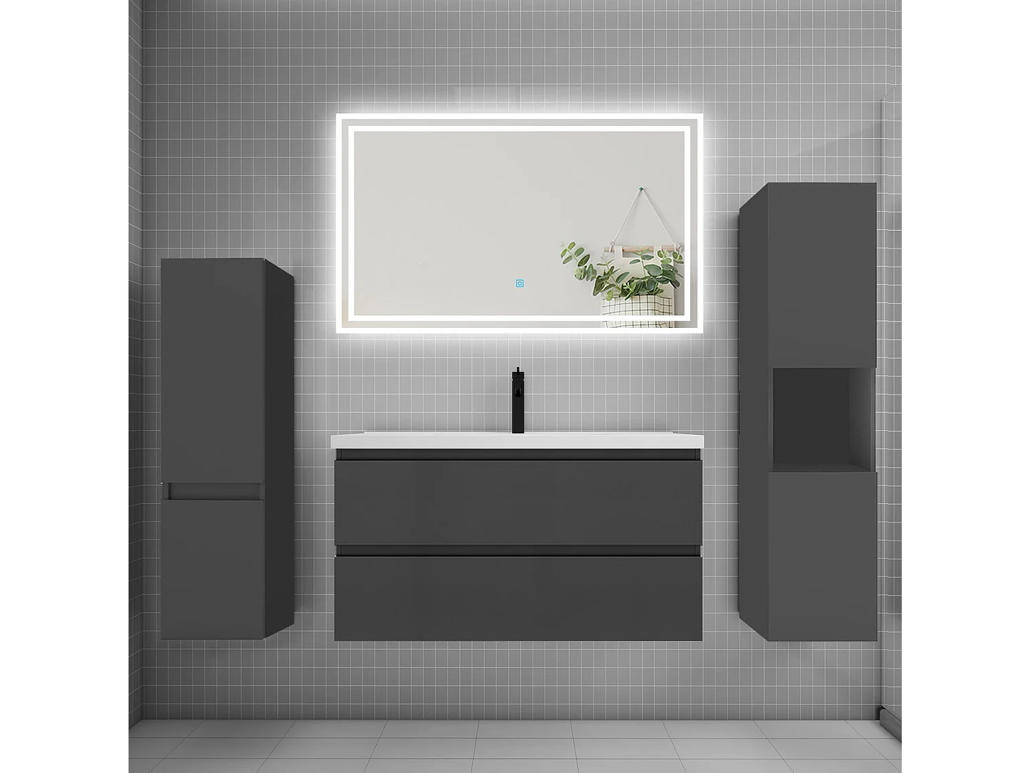 Ensemble meuble de salle de bains 100cm, simple vasque et colonne et LED miroir,anthracite