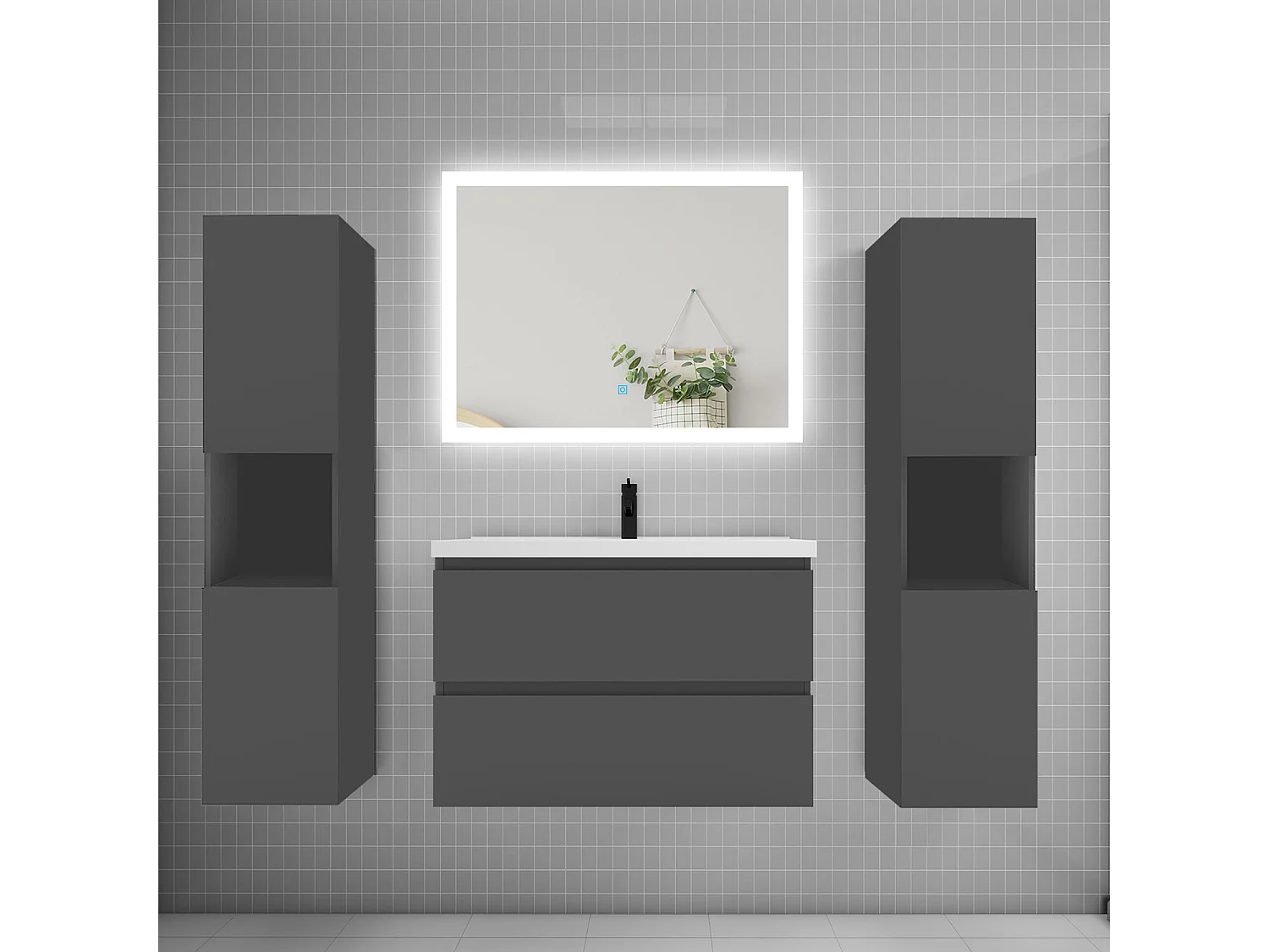 Ensemble meuble de salle de bains 80cm, simple vasque + colonne + LED miroir rectangulaire,anthracite
