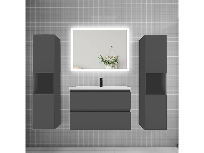 Ensemble meuble de salle de bains 80cm, simple vasque + colonne + LED miroir rectangulaire,anthracite