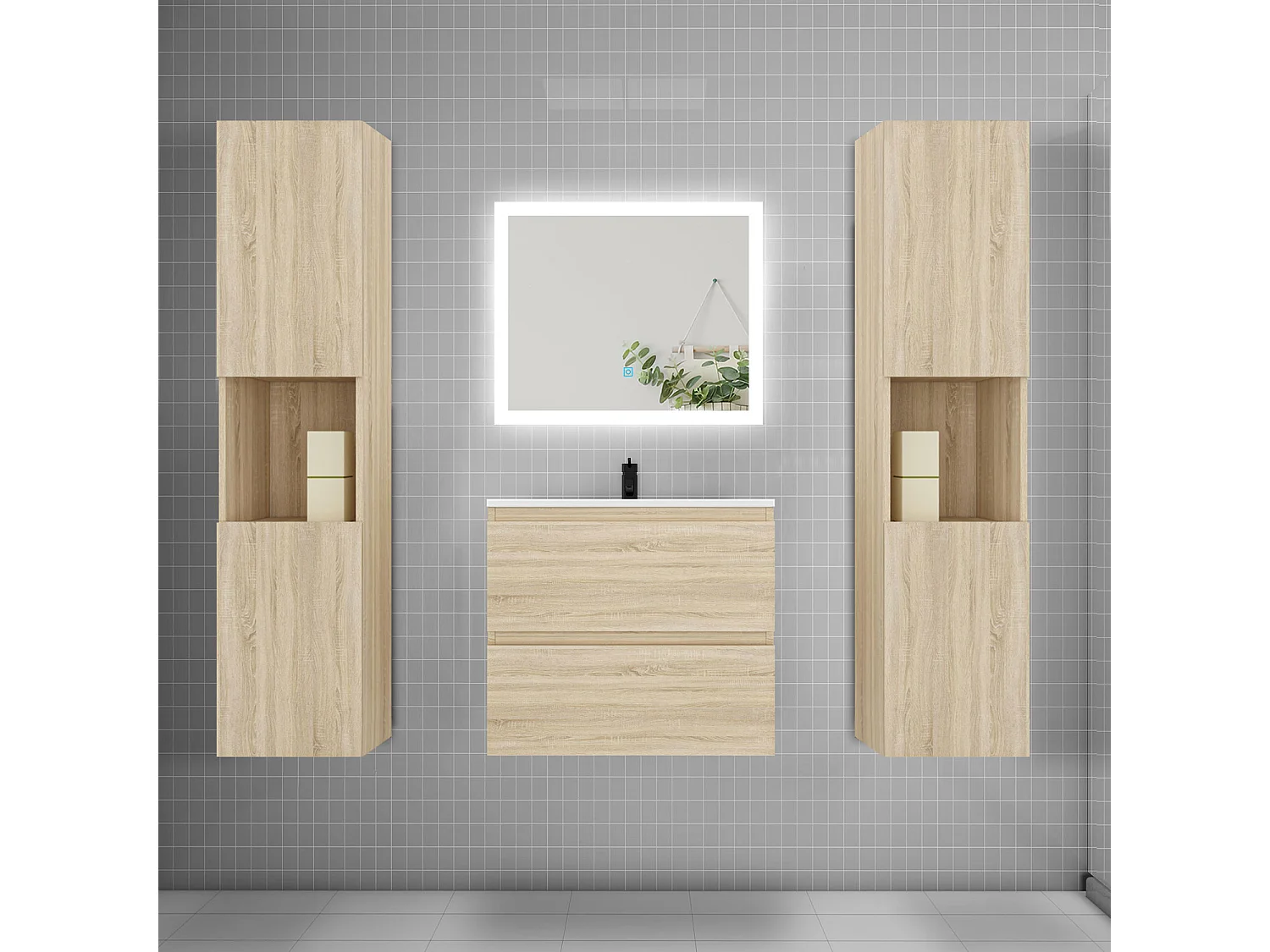 Ensemble meuble de salle de bains 60cm, vasque + colonne + LED miroir rectangulaire,chêne