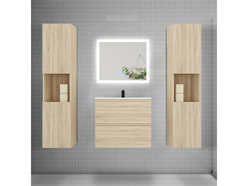 Ensemble meuble de salle de bains 60cm, vasque + colonne + LED miroir rectangulaire,chêne