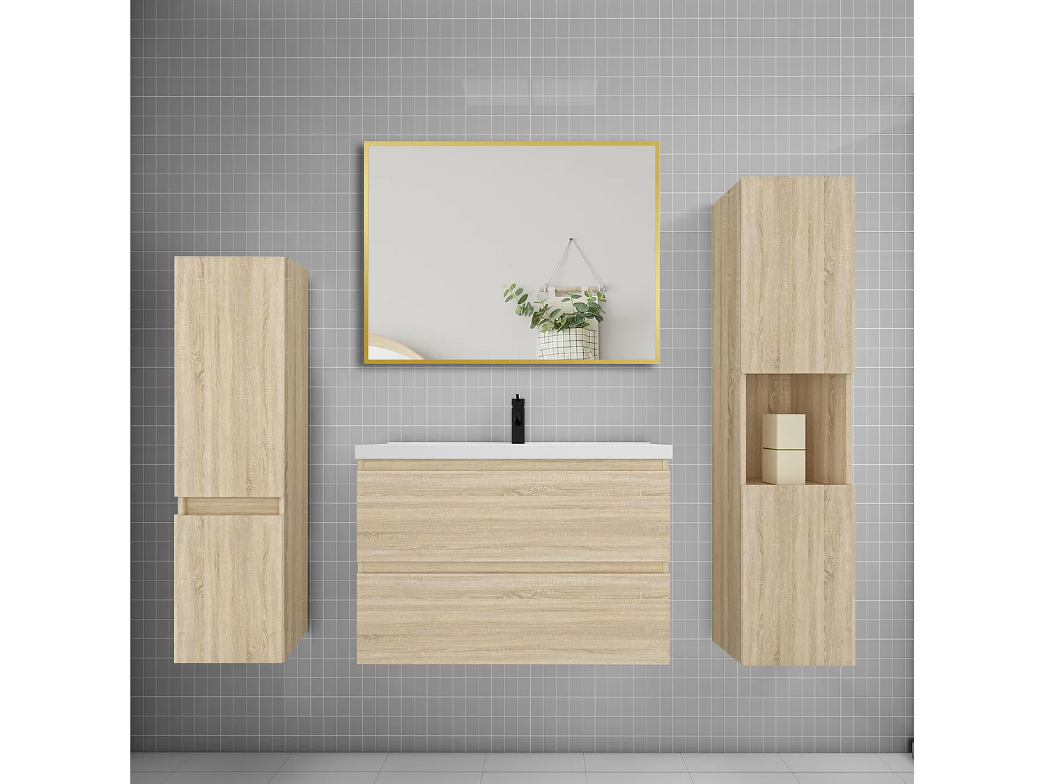 Ensemble meuble de salle de bains 80cm vasque + colonne + miroir mural,chêne