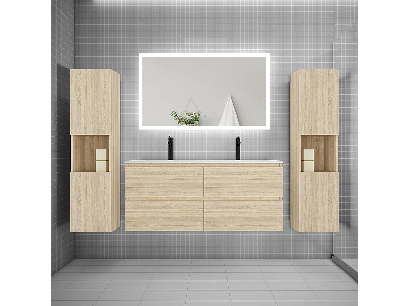 Ensemble meuble de salle de bains 120cm, double vasque + colonne + LED miroir rectangulaire,chêne